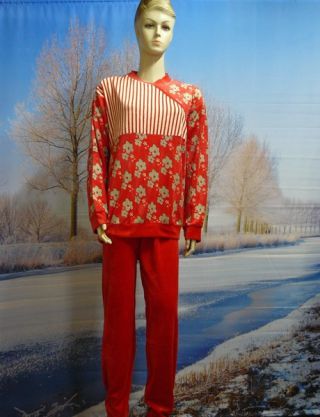 Dames pyjama velours Streep/bloem rood