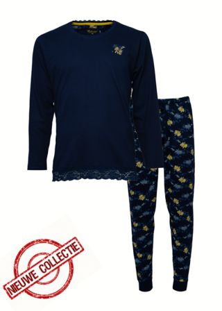 Tenderness dames pyjama 'Uni bloem' marine/geel