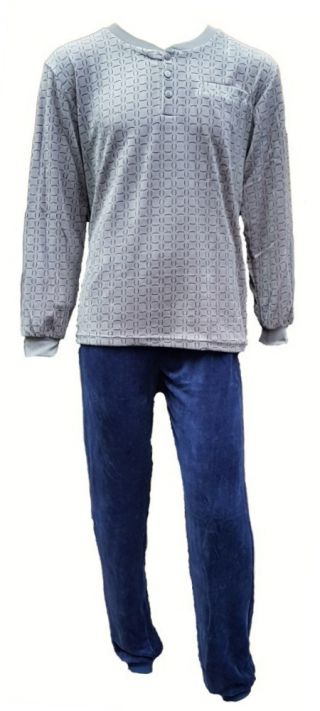 Outfitter heren pyjama velours 'Blocks' grijs/marine